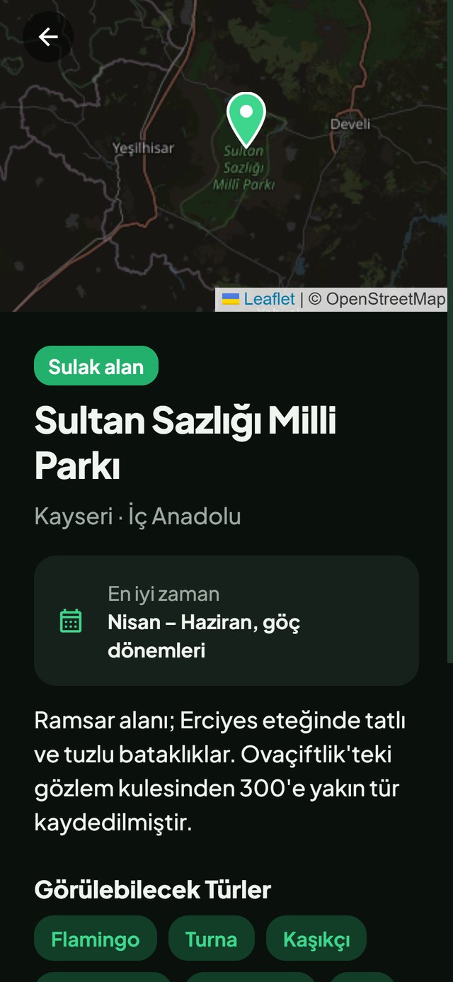 Doğa Haritası uygulaması: Gözlem Yeri ekranı