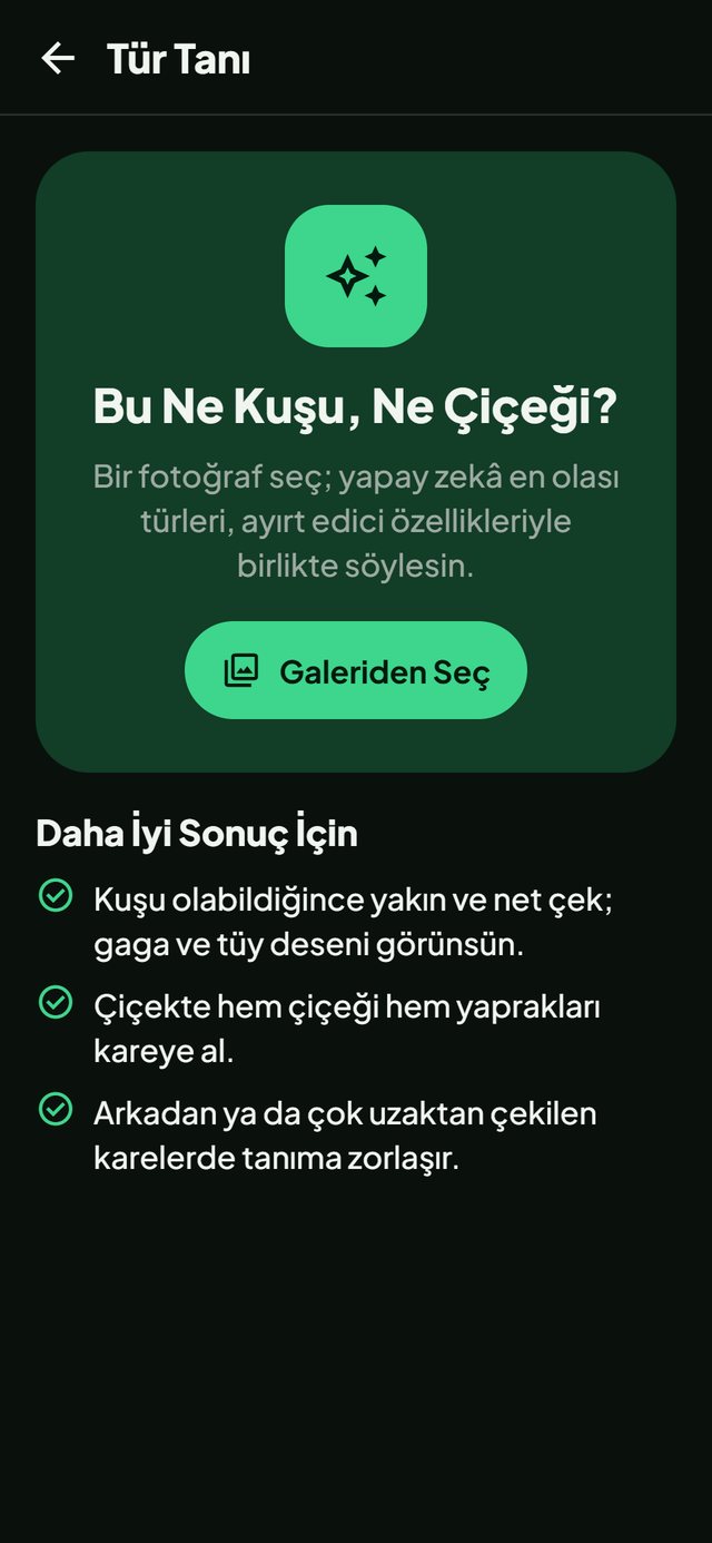 Doğa Haritası uygulaması: Tür Tanı ekranı