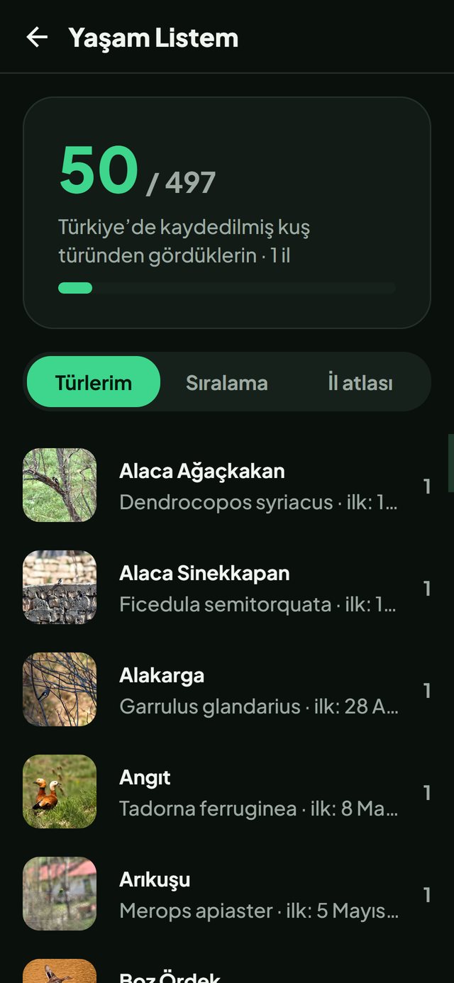 Doğa Haritası uygulaması: Yaşam Listem ekranı